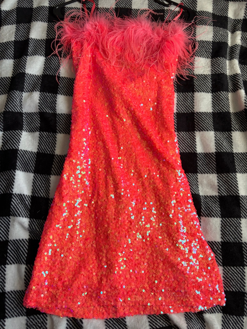 Windsor Strapless Sequin Mini Dress with Feather Trim in Coral Pink
